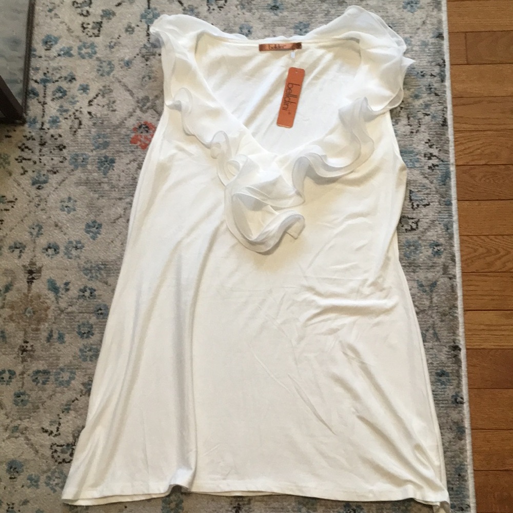 NWT Belldini Ruffle Neckline Off-white Sleeveless Tunic Top - Size Medium - Picture 2 of 10